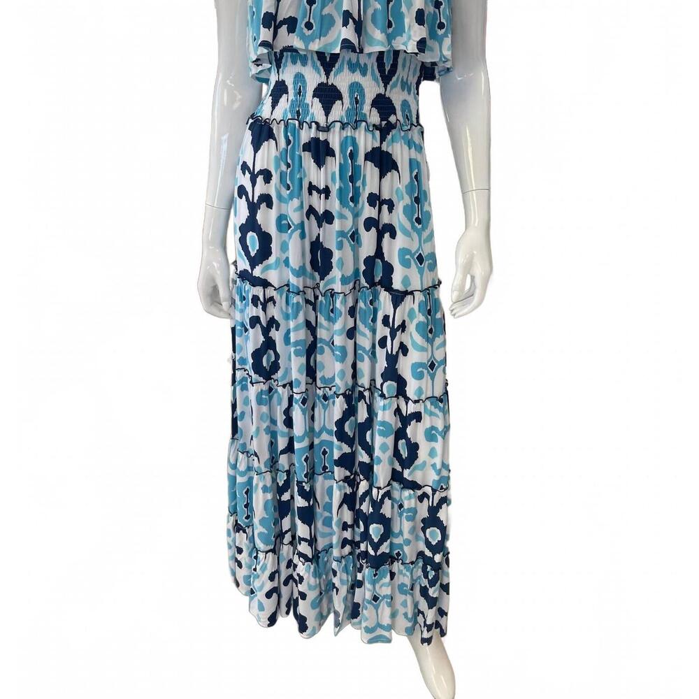 NEW SKEMO women's sumba ruffle maxi dress in blue